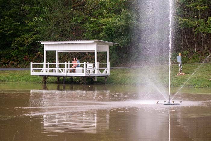 A pond with a fountain and a pavilion in the middle of it.