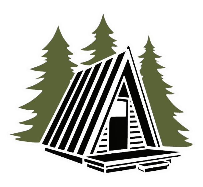 A black and white drawing of a cabin in the woods surrounded by pine trees.
