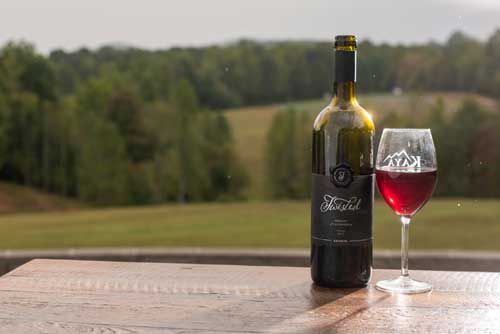 A bottle of wine and a glass of wine are on a wooden table.