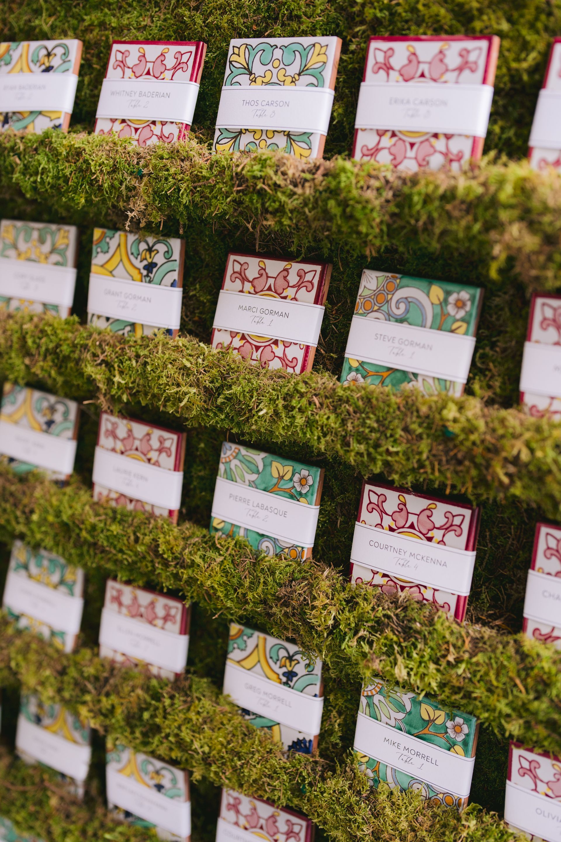 A row of place cards sitting on top of a moss covered wall.