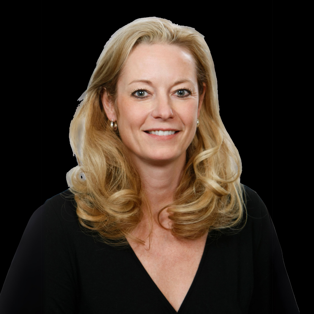 A woman with blonde hair is wearing a black shirt and smiling