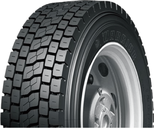 A red semi truck with two tires on the back