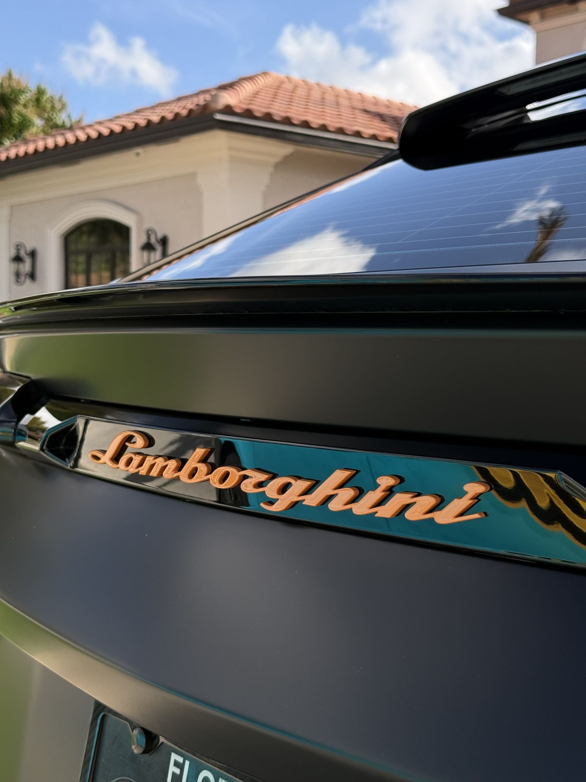 Close-up of a matte black Lamborghini rear emblem with bronze lettering, featuring a blurred house background.