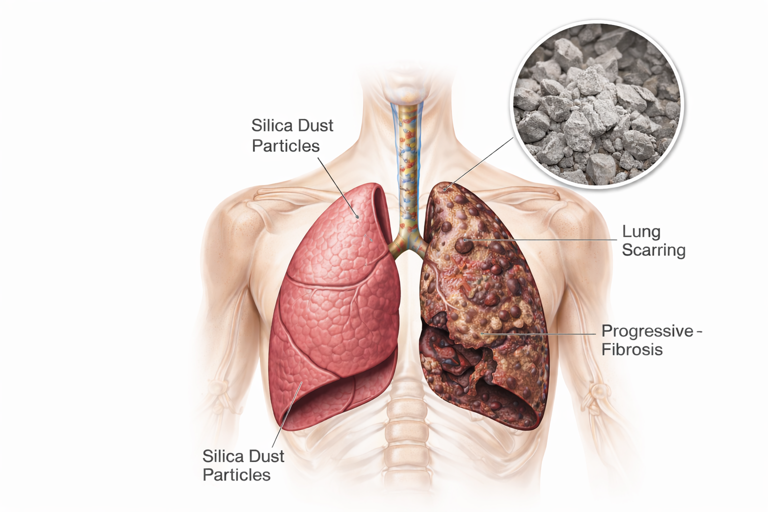 Irreversible health conditions, with diseases such as silicosis.