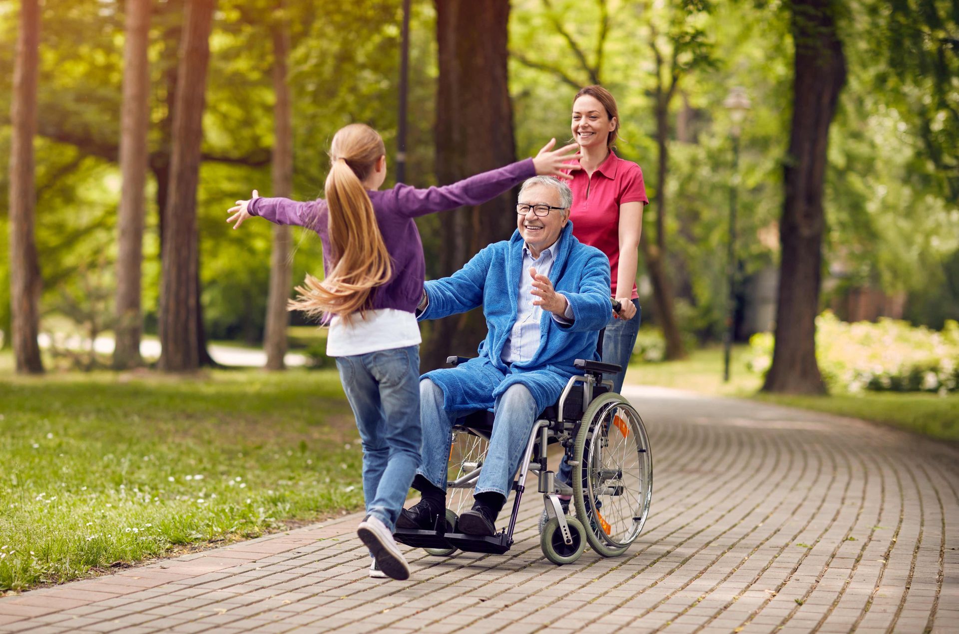 Woman pushing a man in wheelchair as a girl runs toward them in a park. Happy expressions, sunny day.
