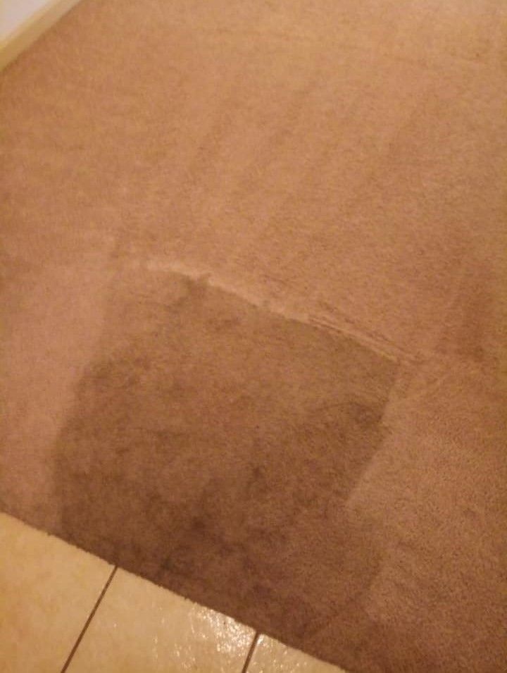 A close up of a brown carpet with a stain on it.
