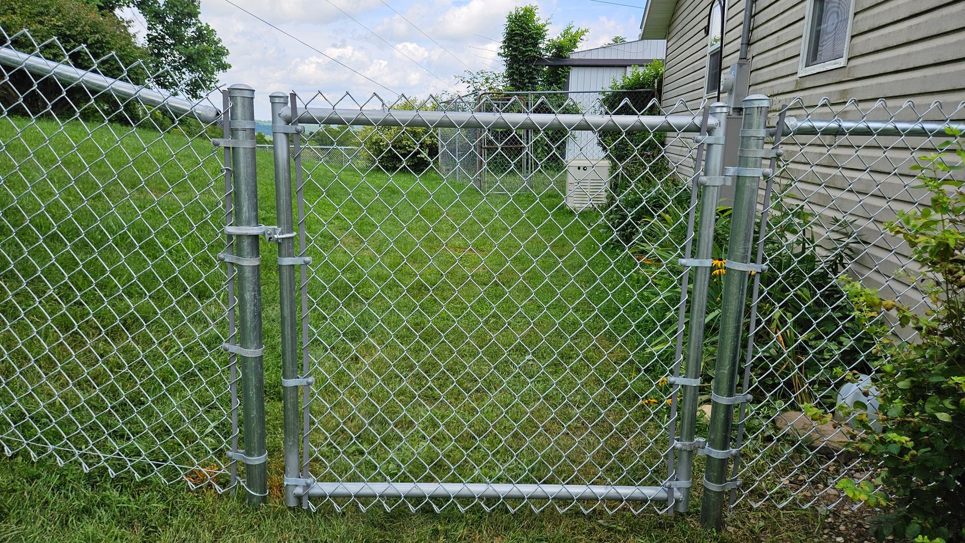 Chain-link fence with an open gate in a grassy yard, near a house with beige siding.