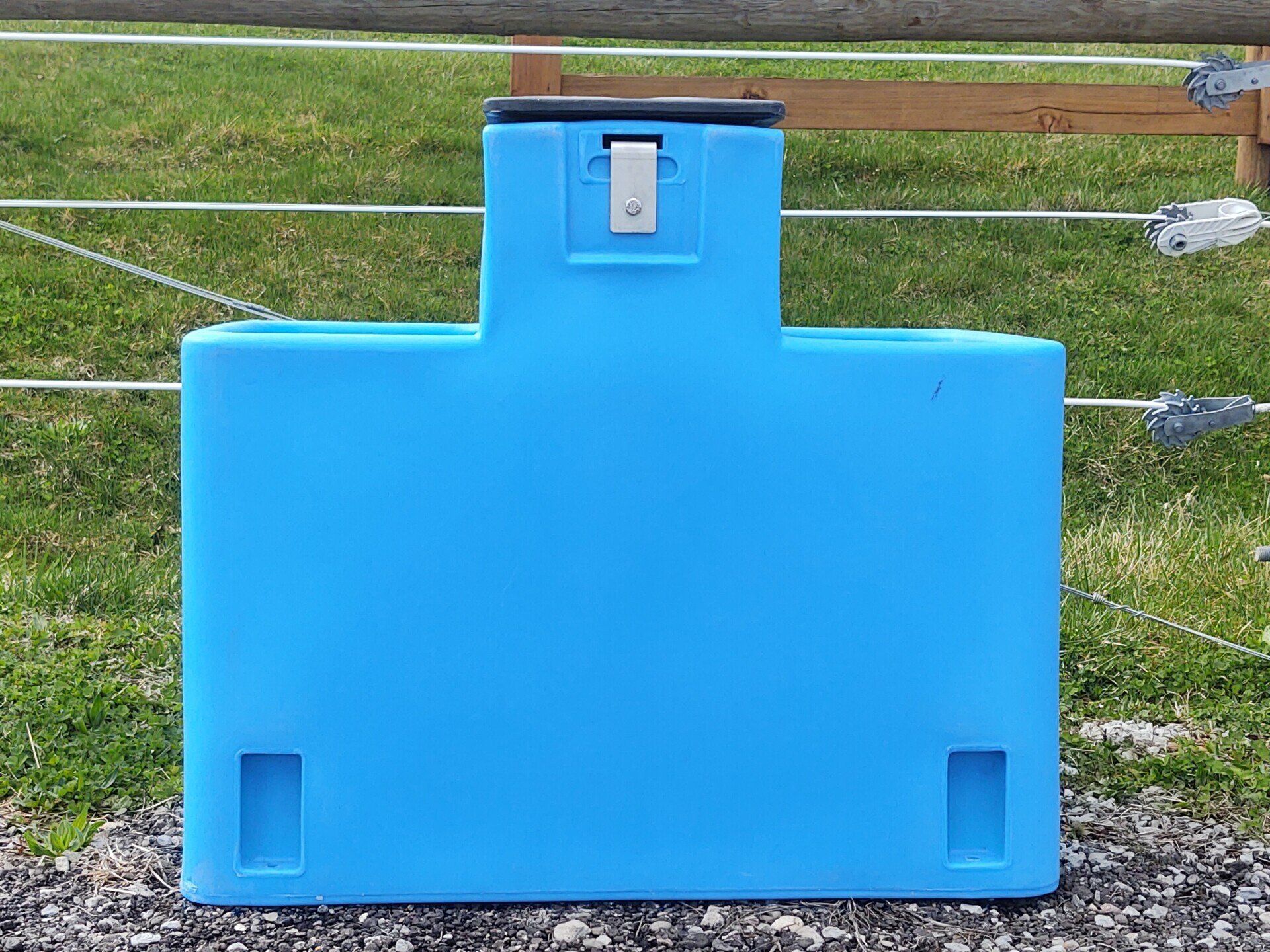 Blue plastic livestock water trough in front of a fence and grass.