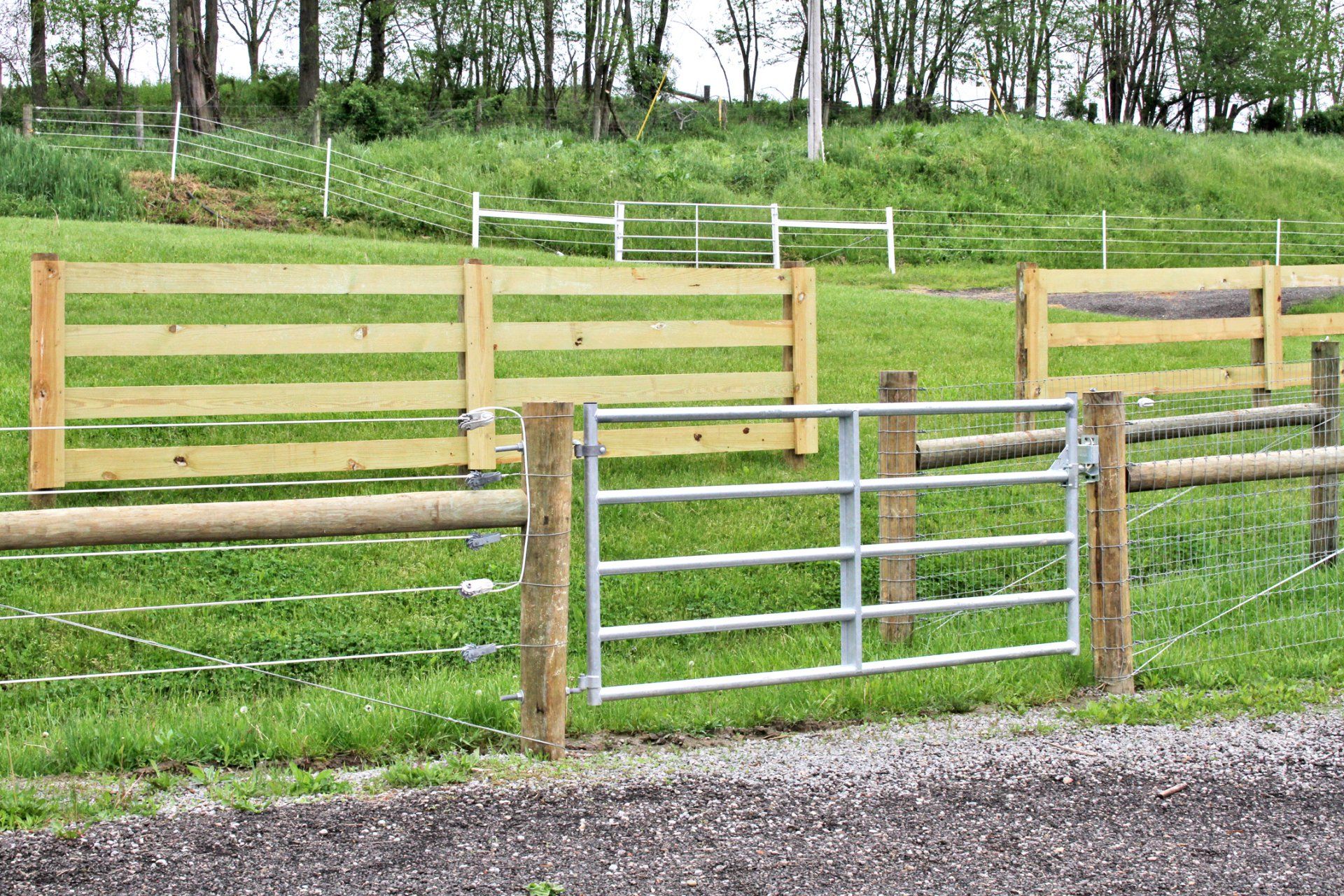 Farm gate and fencing in a grassy field, with a wooded background.