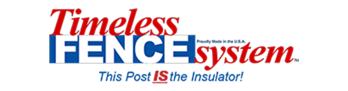 Timeless Fence System logo in red and blue with the tagline 