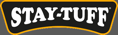Stay-Tuff logo in white text on a black background within a yellow outline, on a gray background.