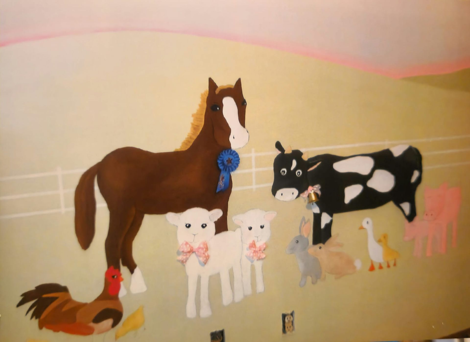 A horse with a blue ribbon around its neck is surrounded by other farm animals artist kids room