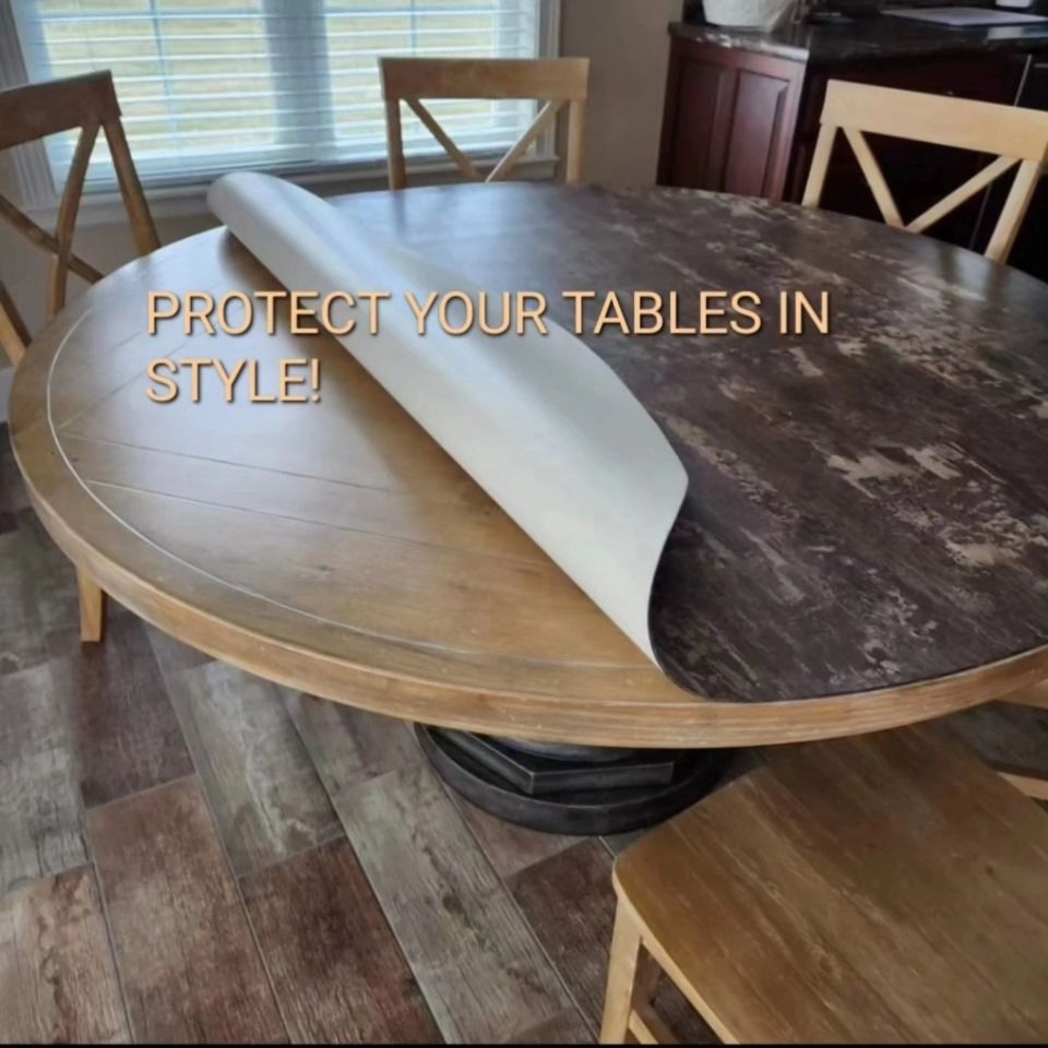A round table with a sticker on it that says protect your tables in style