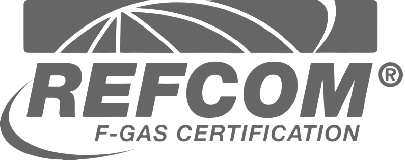 RECOM F-Gas Certification logo in gray and black with stylized swoosh lines