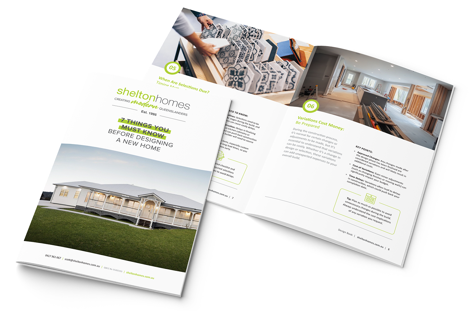 Brochure, open, showing building interior and exterior, with text and images.