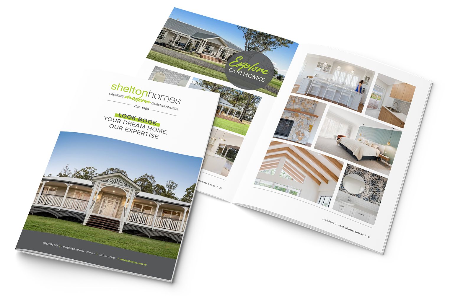 Brochures with house photos and interior images, likely real estate marketing materials.