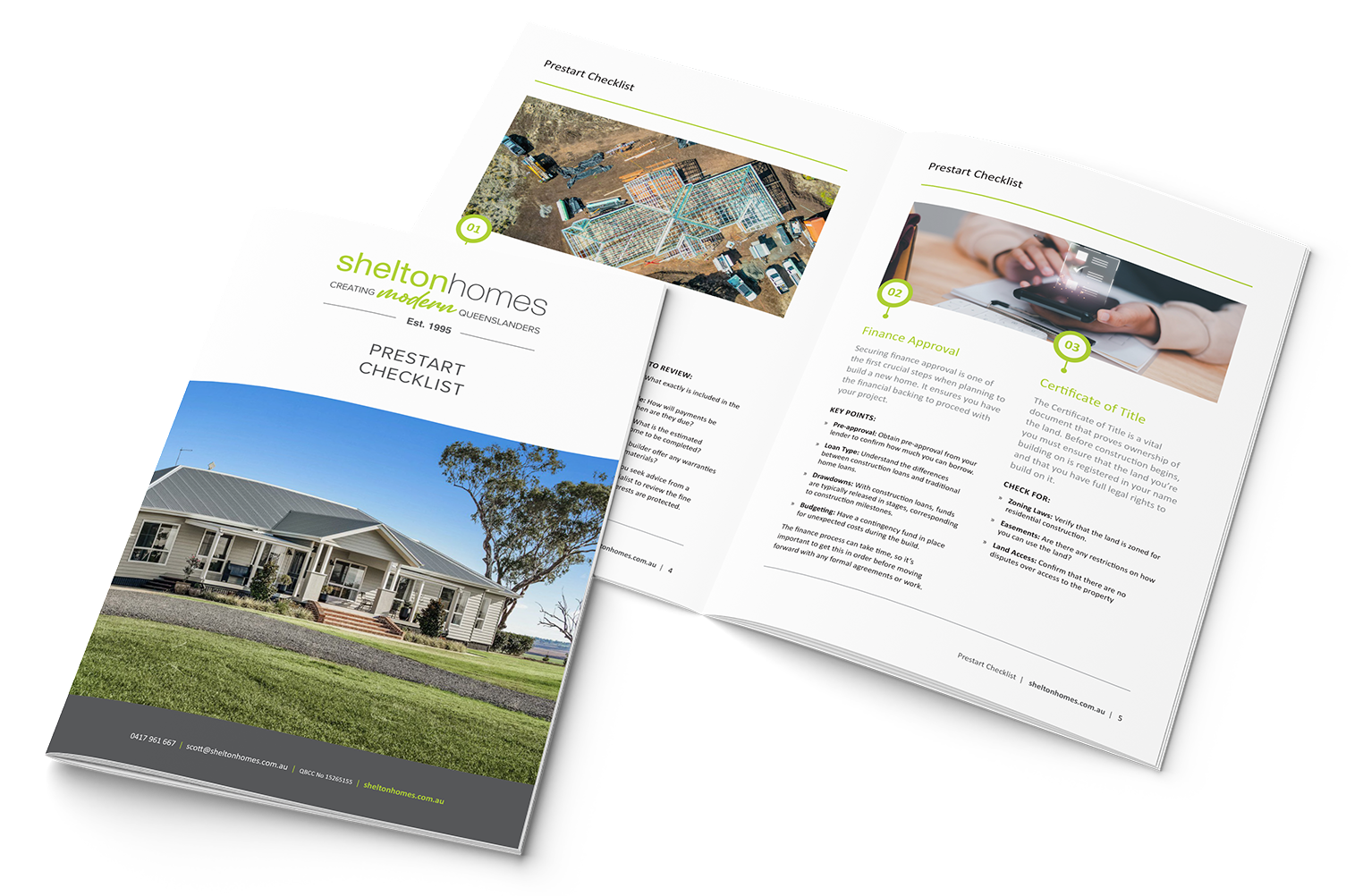 Brochure with house photo, interior images, and text. White background with green accents.