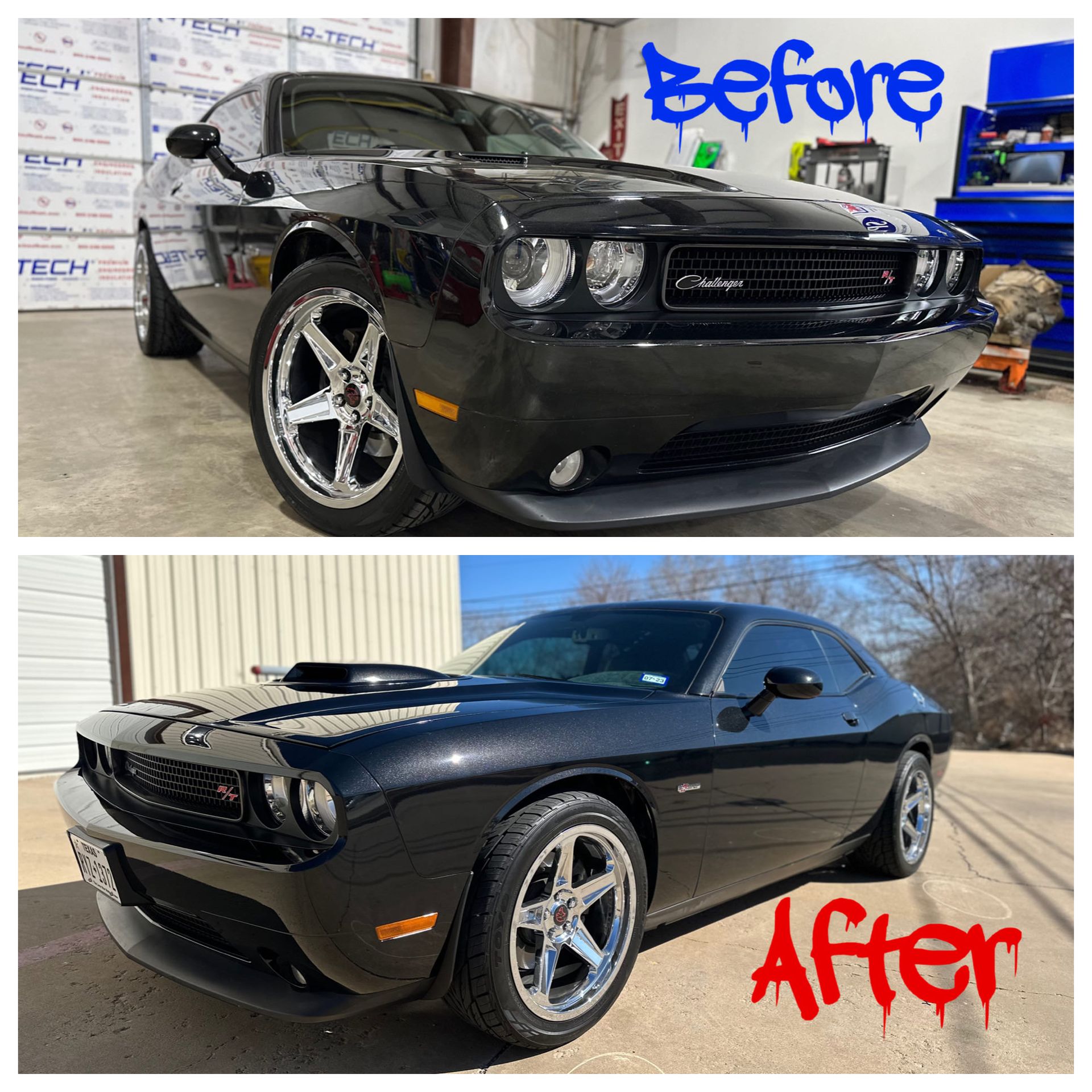 a before and after picture of a black dodge challenger