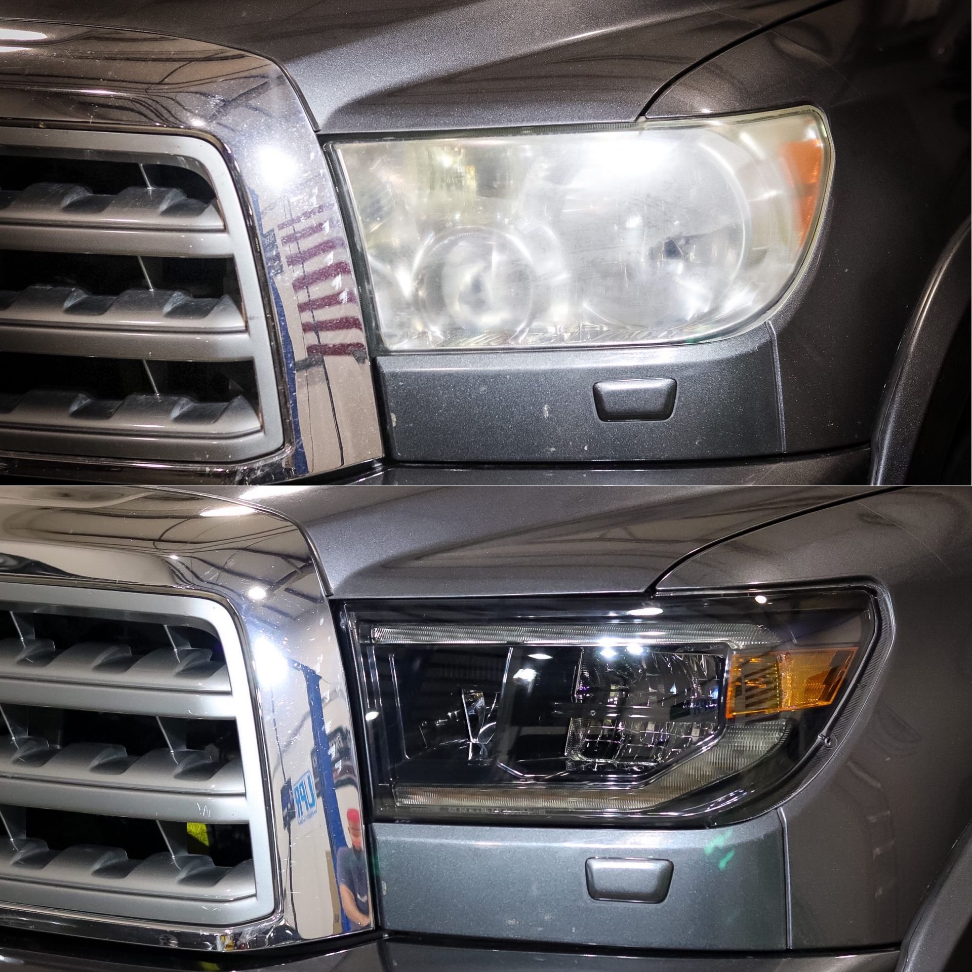 a close up of a truck 's headlights and grille