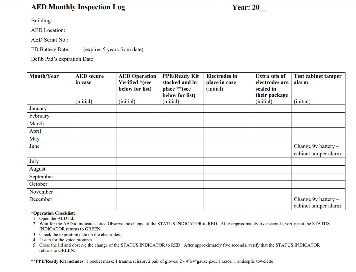 Printable Aed Monthly Checklist