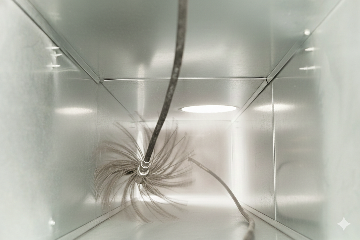 A silver metal vent pipe curves away from a tan brick building against a blue sky.