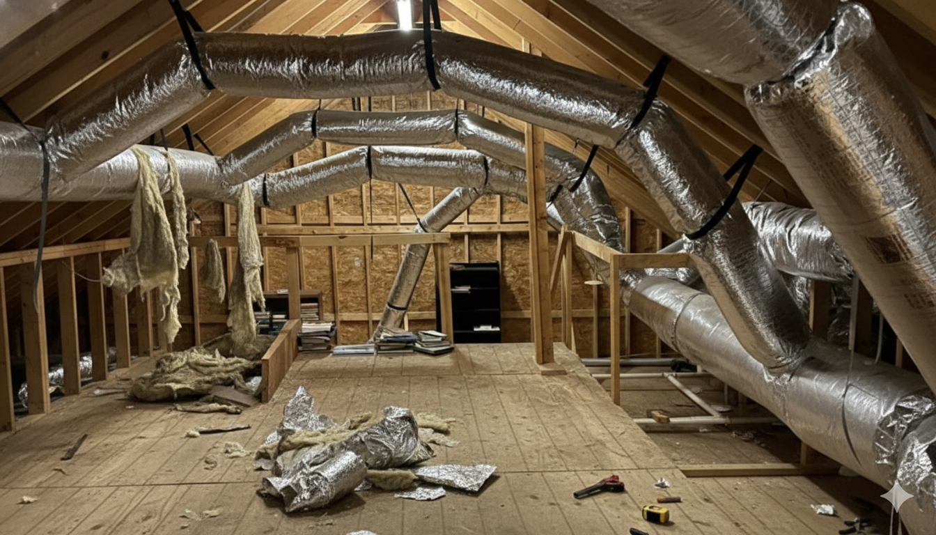 Metallic HVAC ductwork bends around a building corner, supported by brackets.