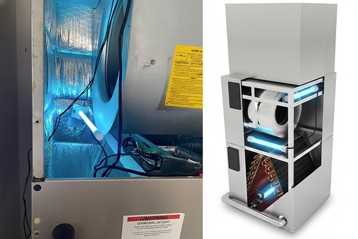 UV air purifier mounted on ductwork, emitting purple light. Electrical panel visible in background.