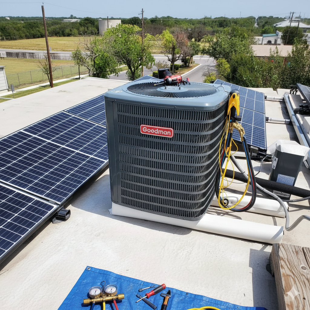 AC unit on rooftop next to solar panels; tools on a blue tarp in foreground.