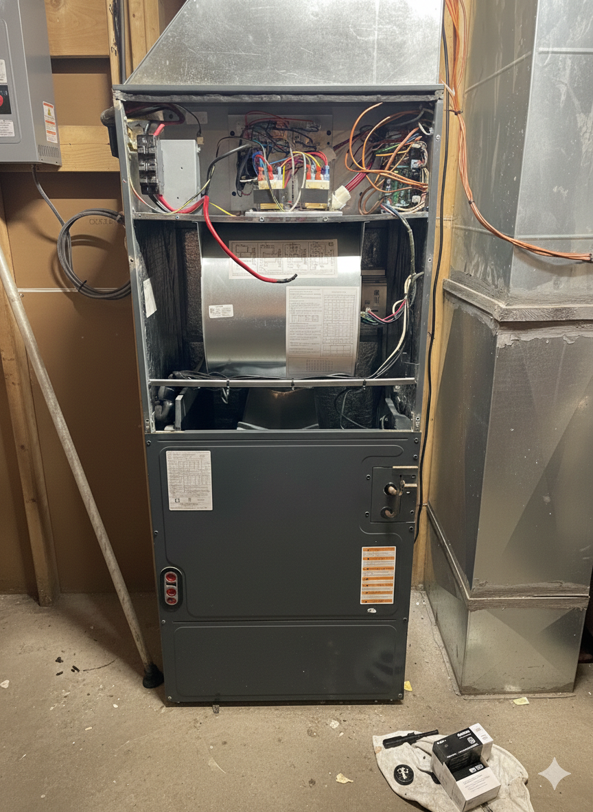 Open HVAC furnace with exposed components, ductwork, and loose motor on floor.