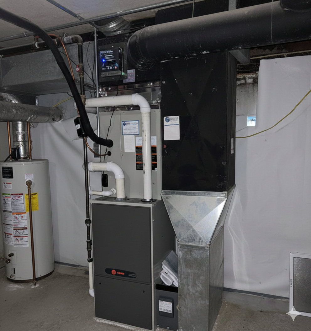 UV air purifier emitting purple light within a ventilation system.