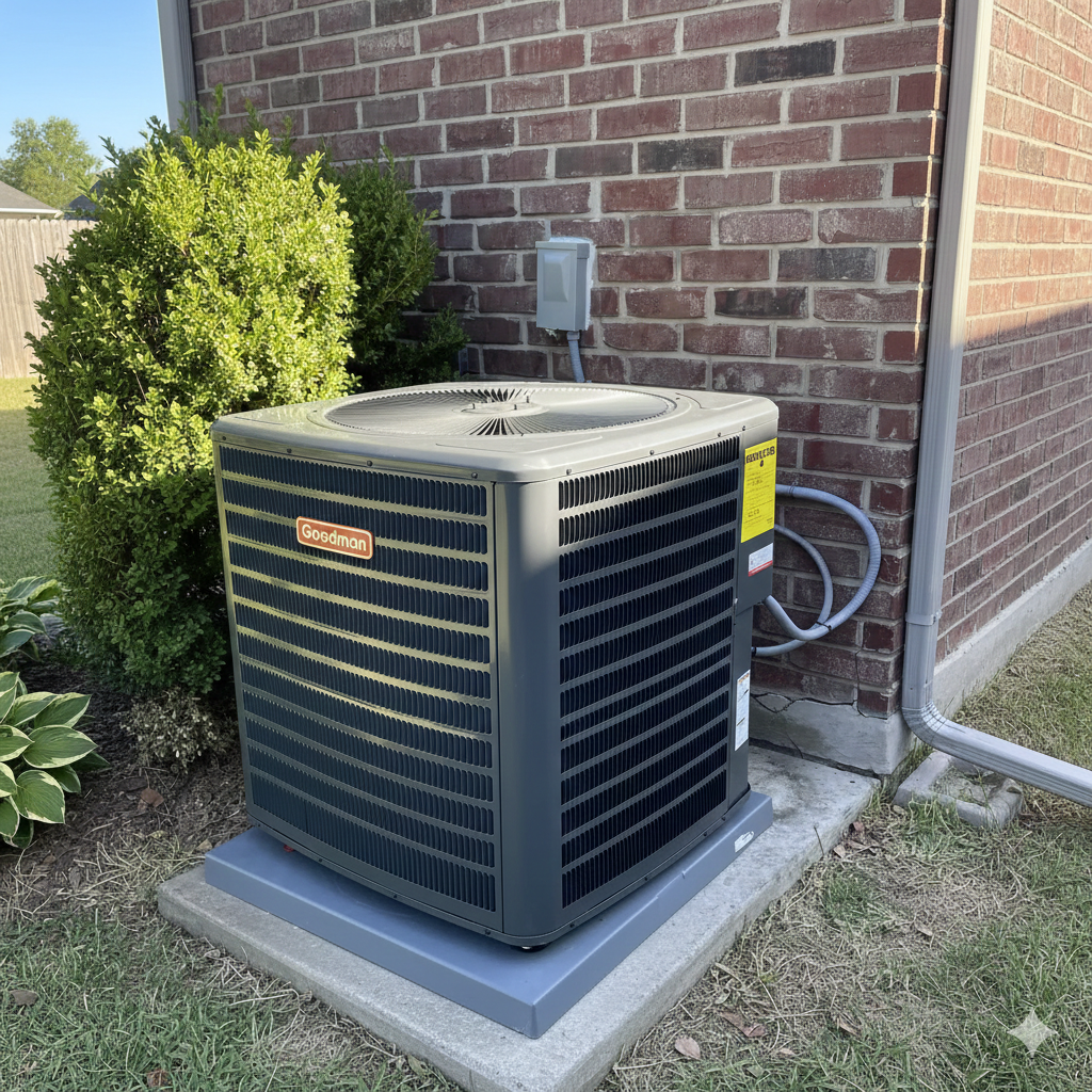 A Goodman air conditioning unit sits on a concrete pad next to a brick building and a green bush.