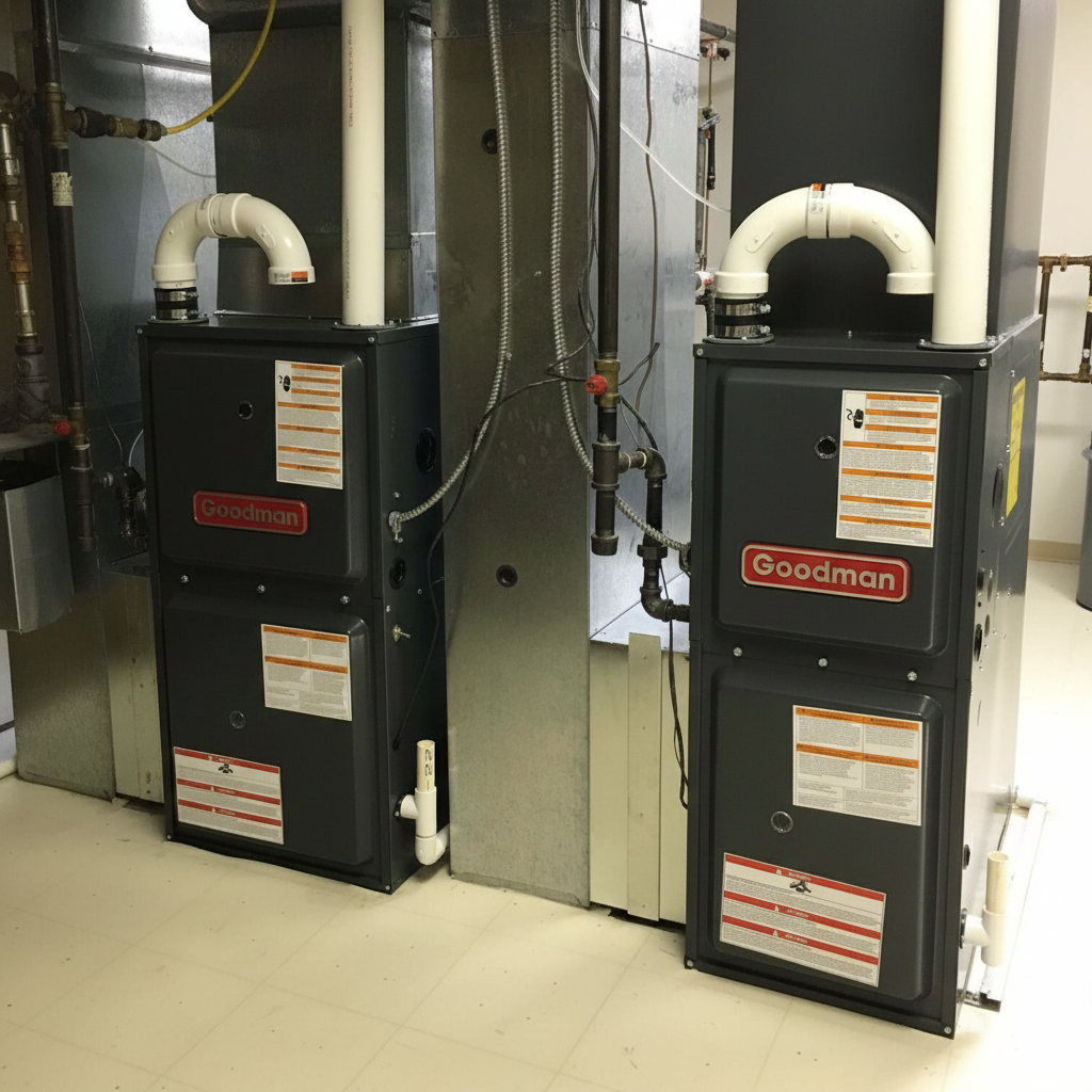 Two Goodman furnaces with white vent pipes.