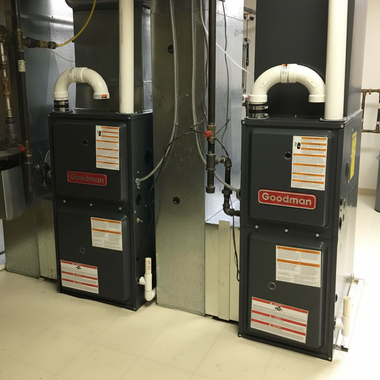 Two Goodman furnaces with white vent pipes.