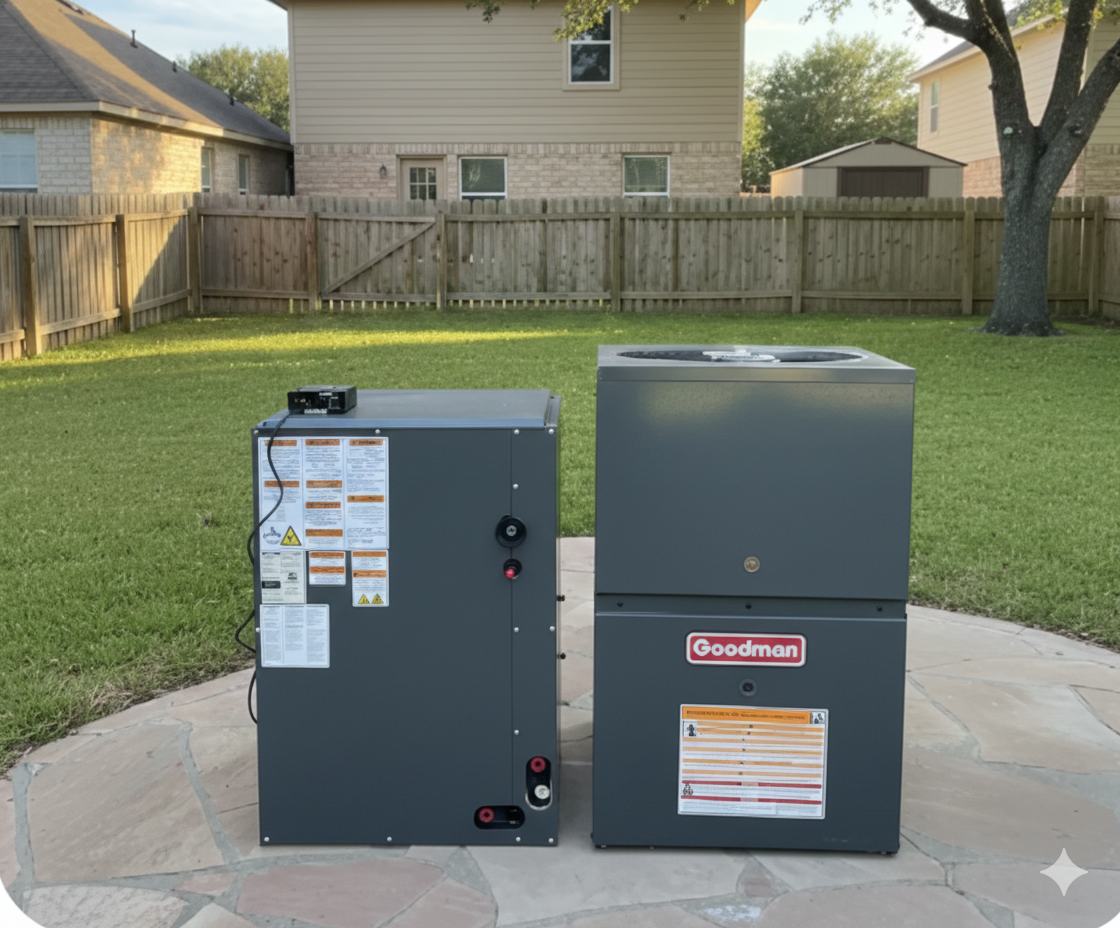 Two gray HVAC units sit on a stone patio in a backyard with houses and trees.