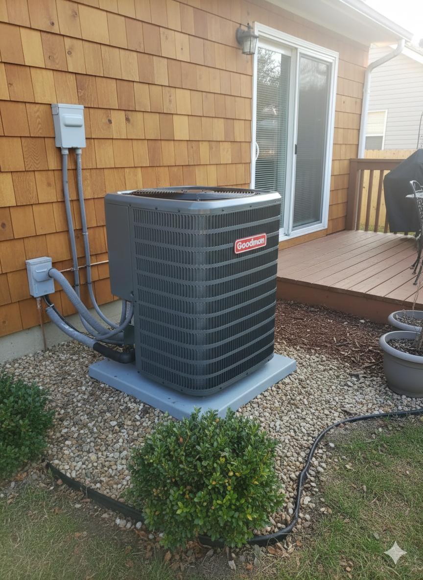 Goodman air conditioner unit on concrete base, next to a house with wood siding.