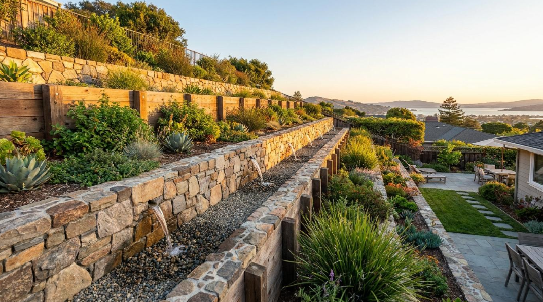 Terraced stone garden beds at sunset with lush plants and a distant coastal view