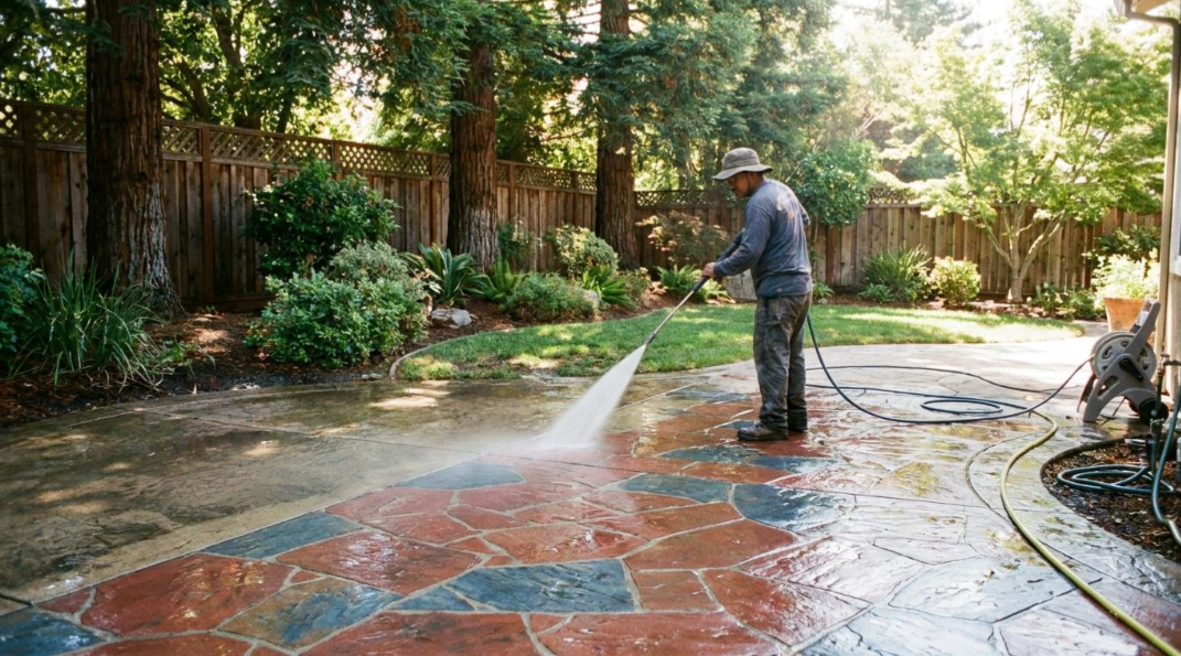 Person pressure-washes a wet brick patio in a leafy backyard.