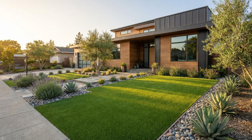 Modern house with a manicured green lawn, desert landscaping, and warm sunset light