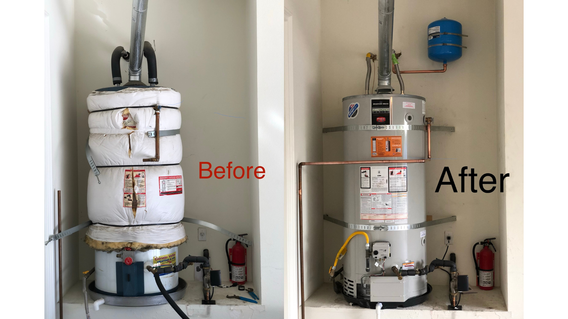 A before and after picture of a water heater in a room.