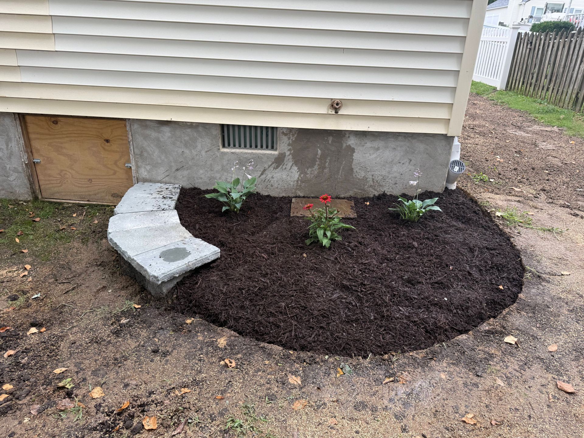 Brown mulch bed with three plants next to a house foundation, a curved concrete step is on the left.