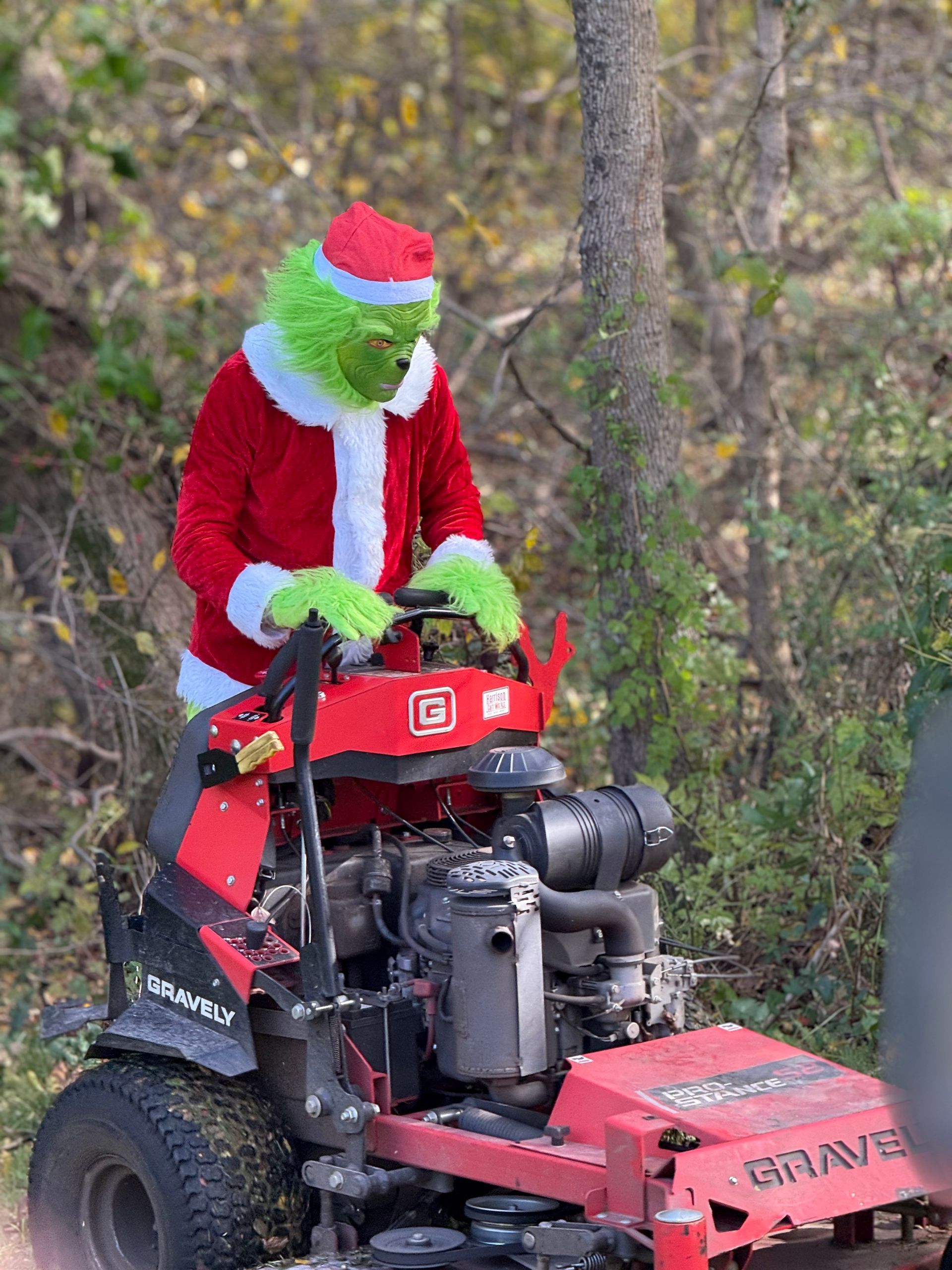Grinch in Santa suit operating a red Gravely lawn mower outdoors.