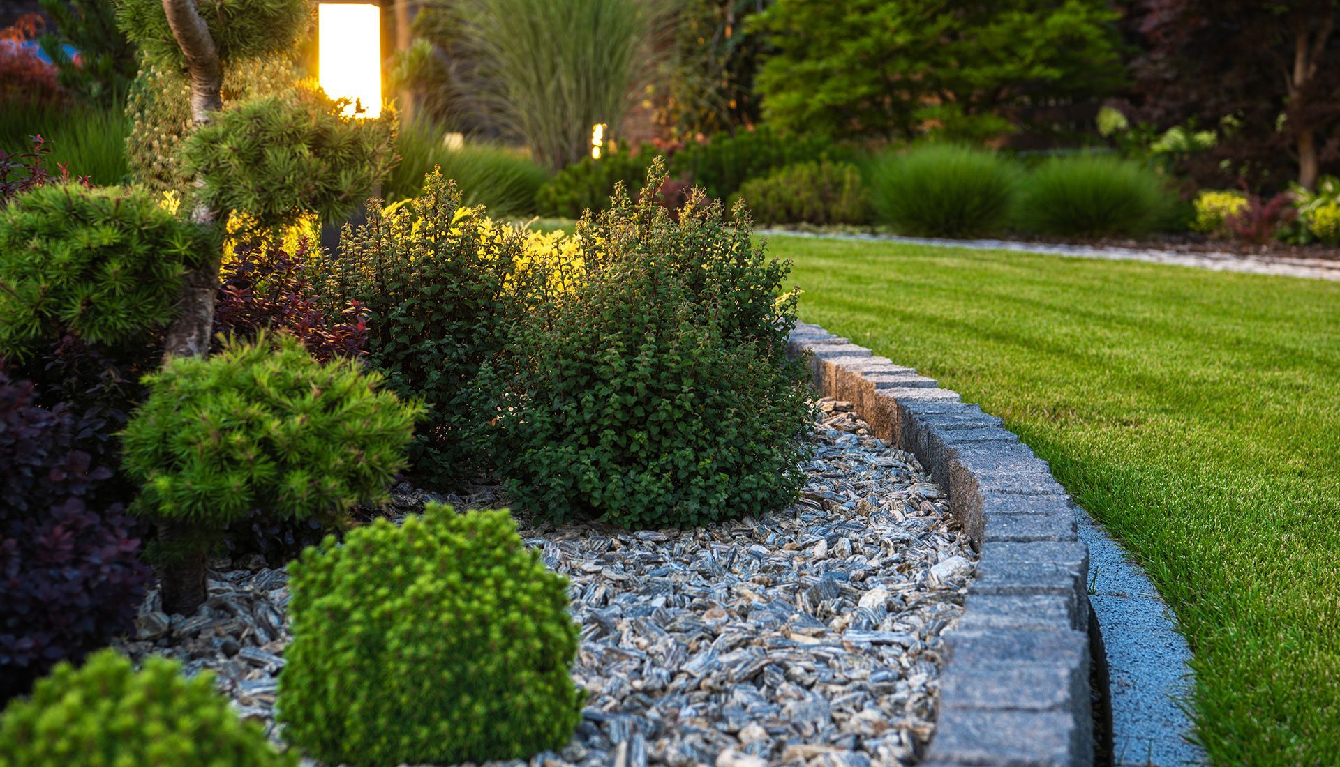 A garden bed with various green shrubs, gravel, and a brick border. Green grass in the background.