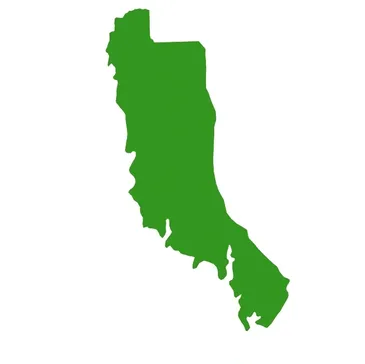 Green silhouette of a landmass with a jagged western coastline and a longer, straighter eastern side.