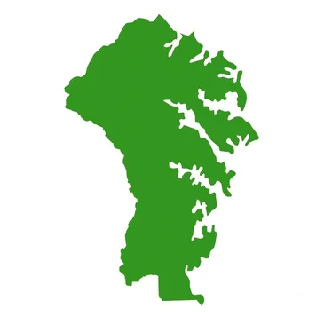 Green silhouette of a landmass with a jagged, irregular coastline on a white background.