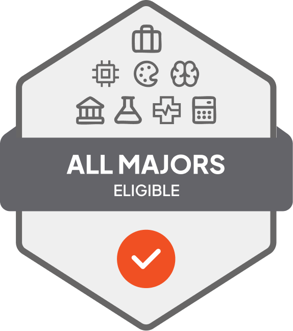 Badge with blue banner: 