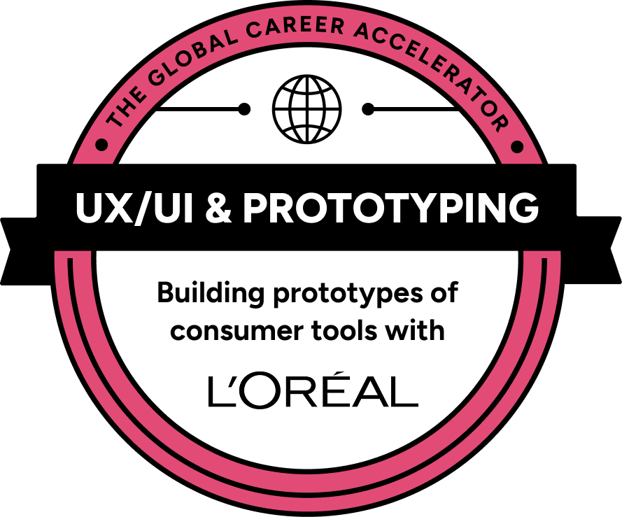 Badge for UX/UI & Prototyping with L'Oréal: pink circle with text and a globe icon.