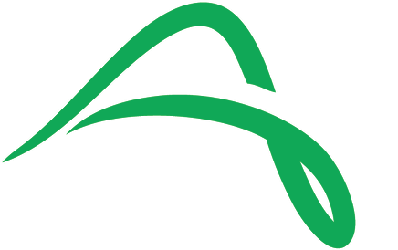 Green abstract swoosh logo with curved lines and a looped tail