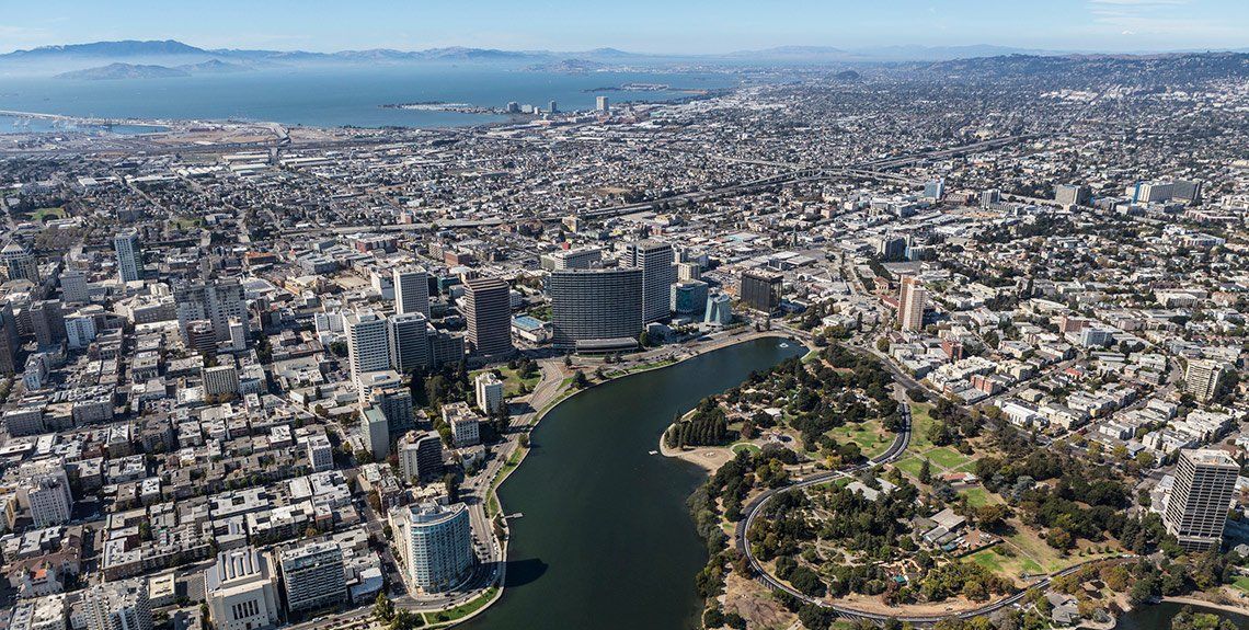 An aerial view of Oakland and the East Bay.
