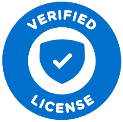A blue circle with the words verified license on it
