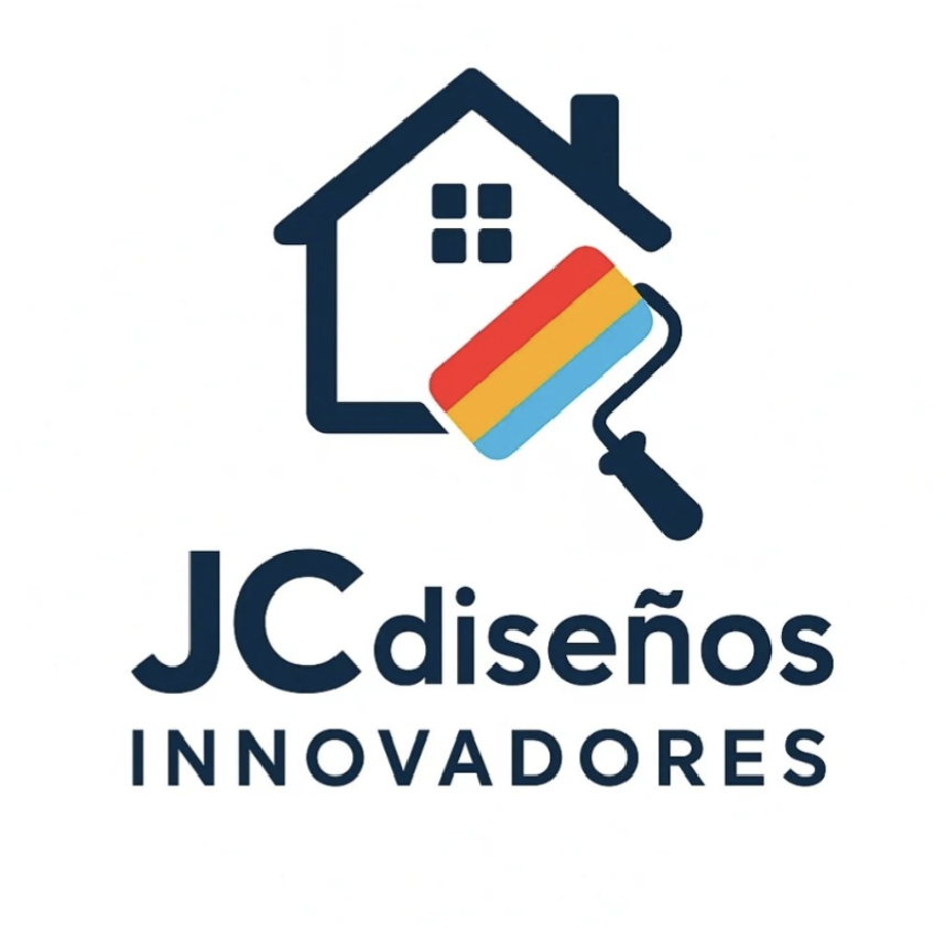 Logotipo con el contorno de una casa y un rodillo de pintura sobre él. Texto